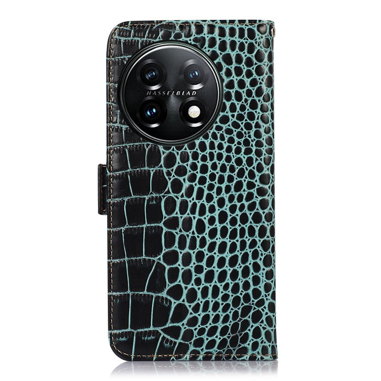 Phone Wallet Case for OnePlus 11 5G, RFID Blocking Crocodile Texture Genuine Cowhide Leather Stand Phone Cover - Green