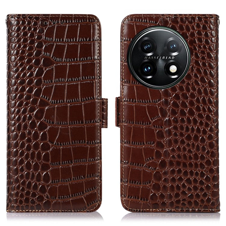 Phone Wallet Case for OnePlus 11 5G, RFID Blocking Crocodile Texture Genuine Cowhide Leather Stand Phone Cover - Brown