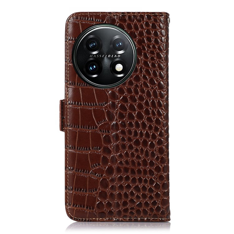 Phone Wallet Case for OnePlus 11 5G, RFID Blocking Crocodile Texture Genuine Cowhide Leather Stand Phone Cover - Brown