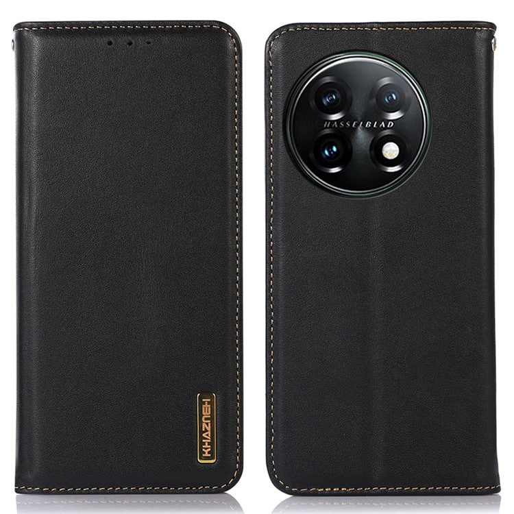 KHAZNEH Anti-drop Phone Cover For OnePlus 11 5G Genuine Cowhide Leather Nappa Texture Stand Wallet Protective Phone Case - Black