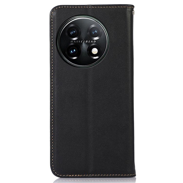 KHAZNEH Anti-drop Phone Cover For OnePlus 11 5G Genuine Cowhide Leather Nappa Texture Stand Wallet Protective Phone Case - Black