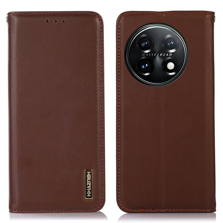 KHAZNEH Anti-drop Phone Cover For OnePlus 11 5G Genuine Cowhide Leather Nappa Texture Stand Wallet Protective Phone Case - Brown
