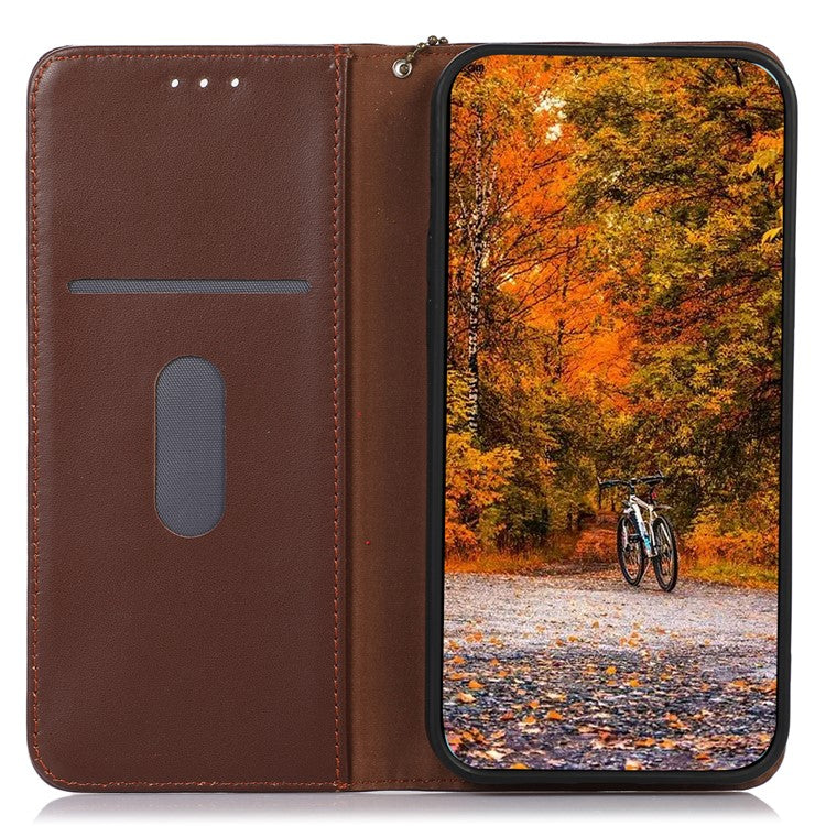 KHAZNEH Anti-drop Phone Cover For OnePlus 11 5G Genuine Cowhide Leather Nappa Texture Stand Wallet Protective Phone Case - Brown