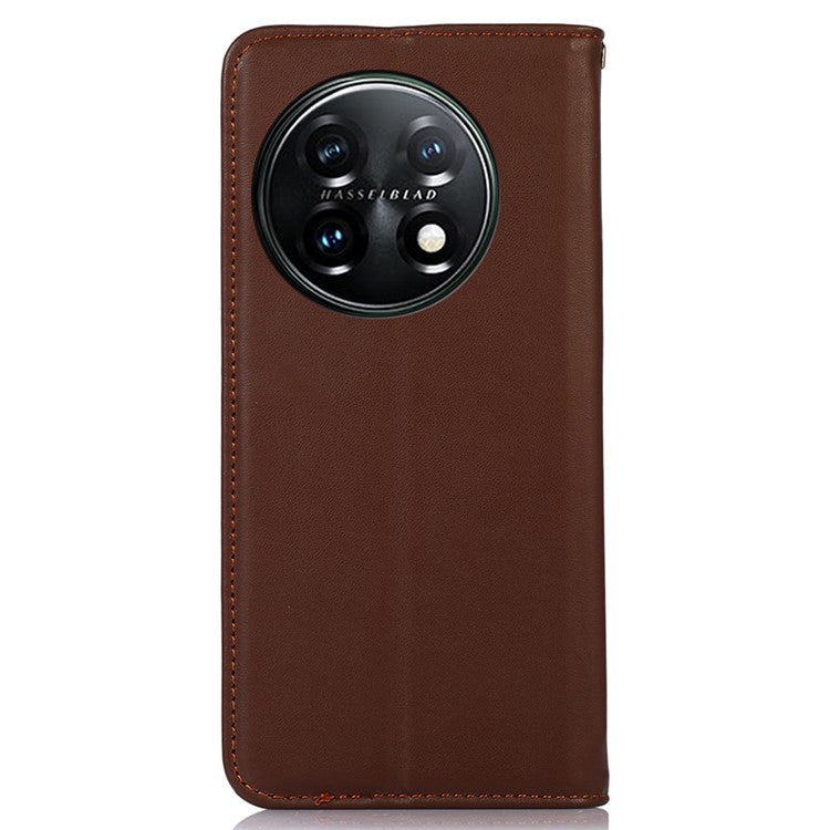 KHAZNEH Anti-drop Phone Cover For OnePlus 11 5G Genuine Cowhide Leather Nappa Texture Stand Wallet Protective Phone Case - Brown
