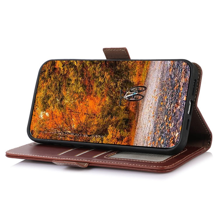 Shockproof Phone Case For OnePlus 11 5G, RFID Blocking Genuine Cowhide Leather Anti-scratch Phone Cover with Wallet Stand - Brown