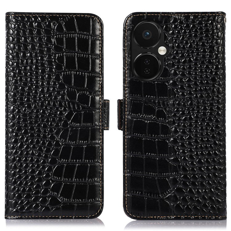 Leather Phone Case for OnePlus Nord CE 3 Lite 5G / Nord N30 5G RFID Blocking Crocodile Texture Wallet Stand Drop-proof Phone Cover - Black