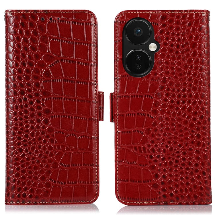 Leather Phone Case for OnePlus Nord CE 3 Lite 5G / Nord N30 5G RFID Blocking Crocodile Texture Wallet Stand Drop-proof Phone Cover - Red