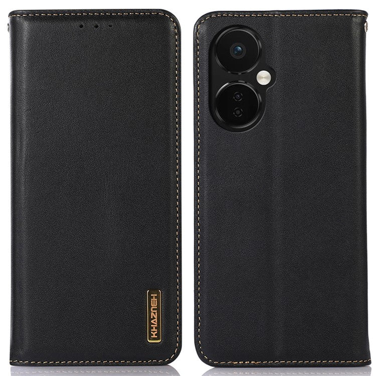 KHAZNEH Phone Case for OnePlus Nord CE 3 Lite 5G / Nord N30 5G Nappa Texture Genuine Cowhide Leather Phone Wallet Cover Stand Shell - Black