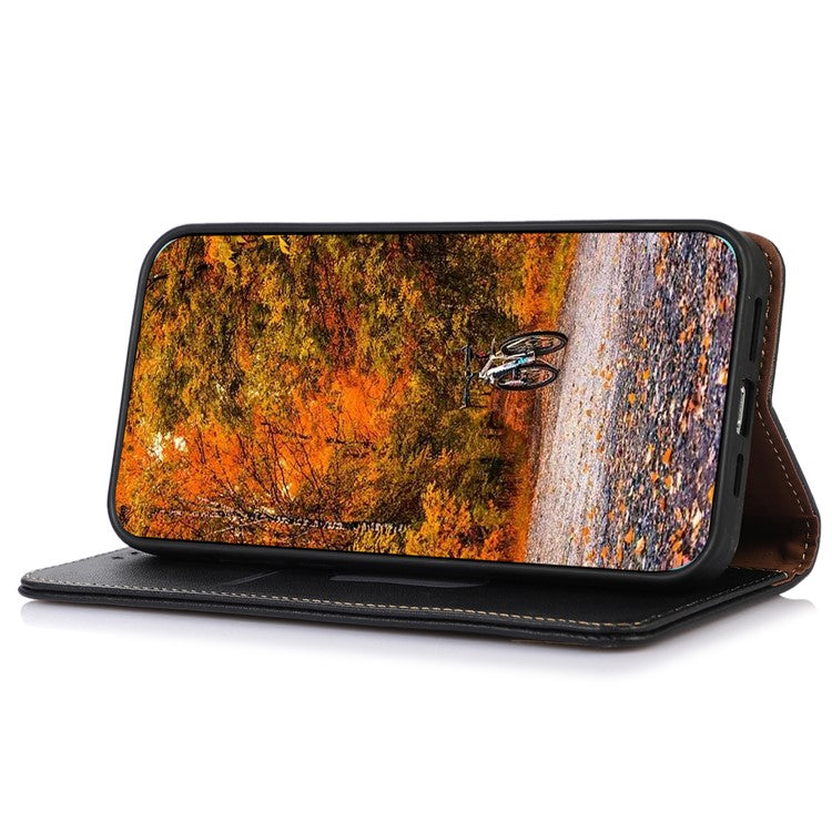 KHAZNEH Phone Case for OnePlus Nord CE 3 Lite 5G / Nord N30 5G Nappa Texture Genuine Cowhide Leather Phone Wallet Cover Stand Shell - Black