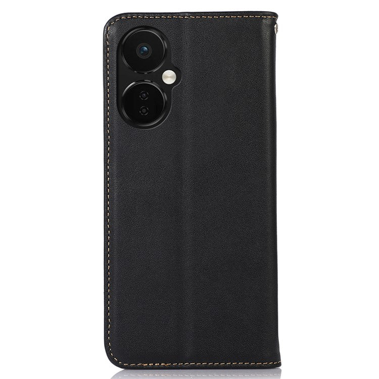 KHAZNEH Phone Case for OnePlus Nord CE 3 Lite 5G / Nord N30 5G Nappa Texture Genuine Cowhide Leather Phone Wallet Cover Stand Shell - Black