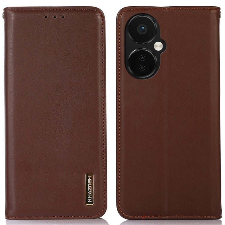 KHAZNEH Phone Case for OnePlus Nord CE 3 Lite 5G / Nord N30 5G Nappa Texture Genuine Cowhide Leather Phone Wallet Cover Stand Shell - Brown