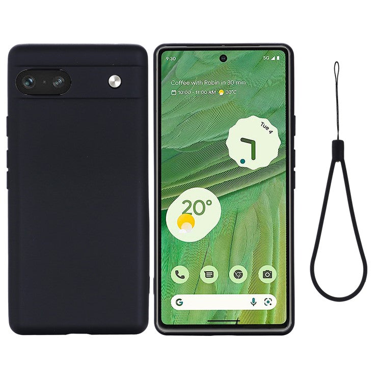For Google Pixel 7a Liquid Silicone Case Cell Phone Cover Bump Proof Protector with Strap - Black