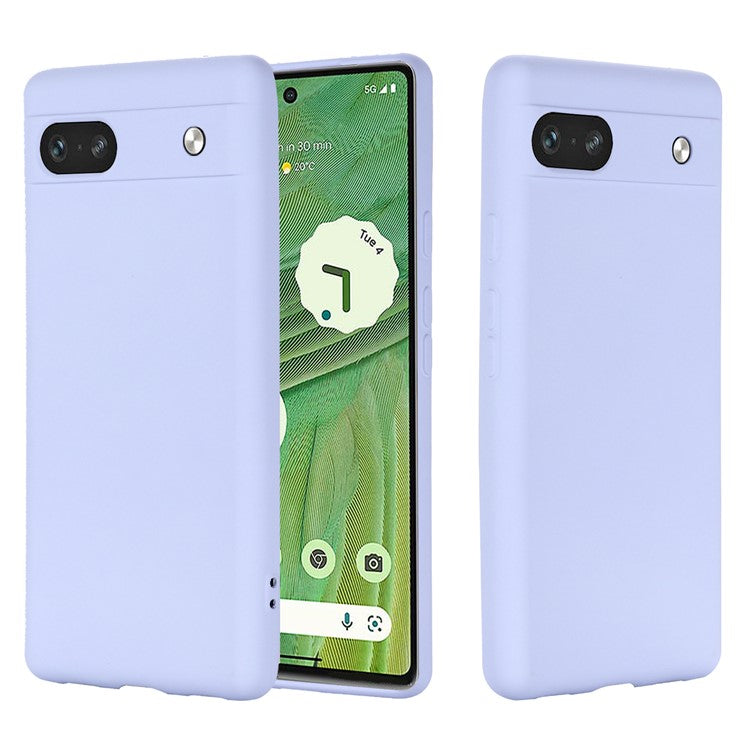 For Google Pixel 7a Liquid Silicone Case Cell Phone Cover Bump Proof Protector with Strap - Purple