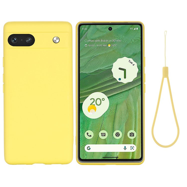 For Google Pixel 7a Liquid Silicone Case Cell Phone Cover Bump Proof Protector with Strap - Yellow