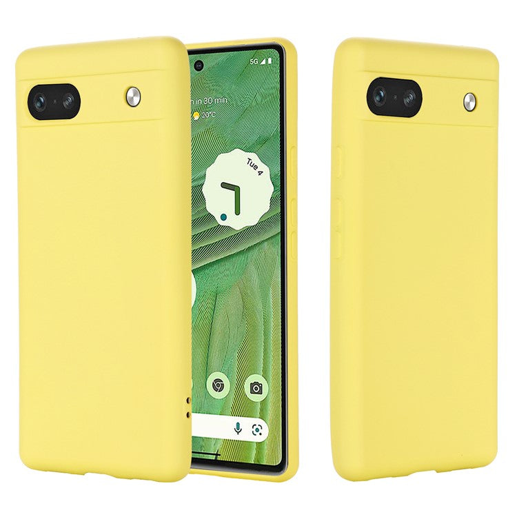 For Google Pixel 7a Liquid Silicone Case Cell Phone Cover Bump Proof Protector with Strap - Yellow