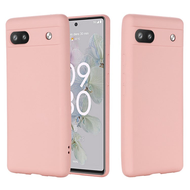 For Google Pixel 7a Liquid Silicone Case Cell Phone Cover Bump Proof Protector with Strap - Pink