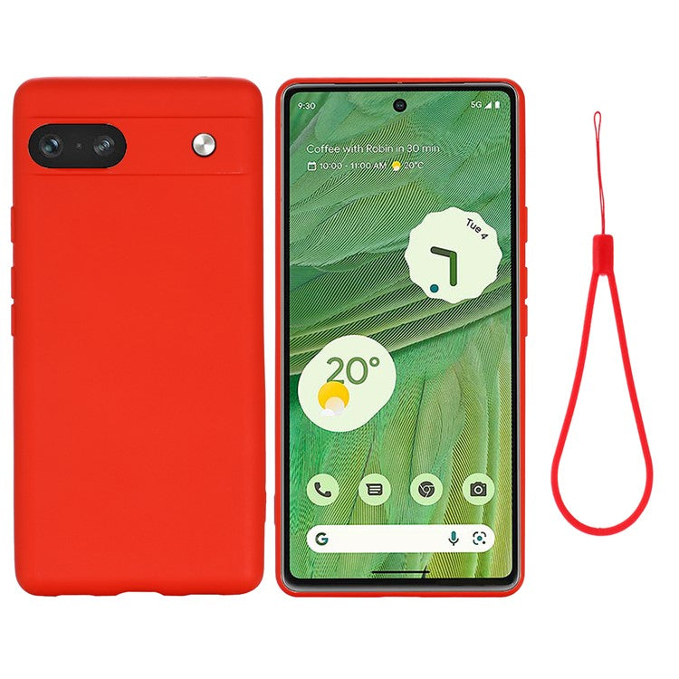 For Google Pixel 7a Liquid Silicone Case Cell Phone Cover Bump Proof Protector with Strap - Red