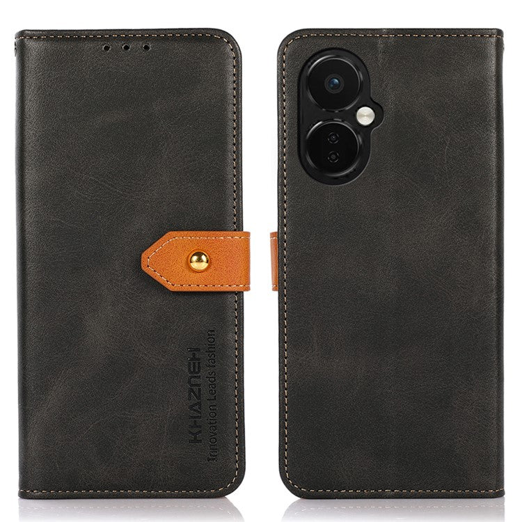 KHAZNEH For OnePlus Nord CE 3 Lite 5G / Nord N30 5G Cowhide Texture Cell Phone Case PU Leather Gold Buckle Stand Wallet Cover - Black