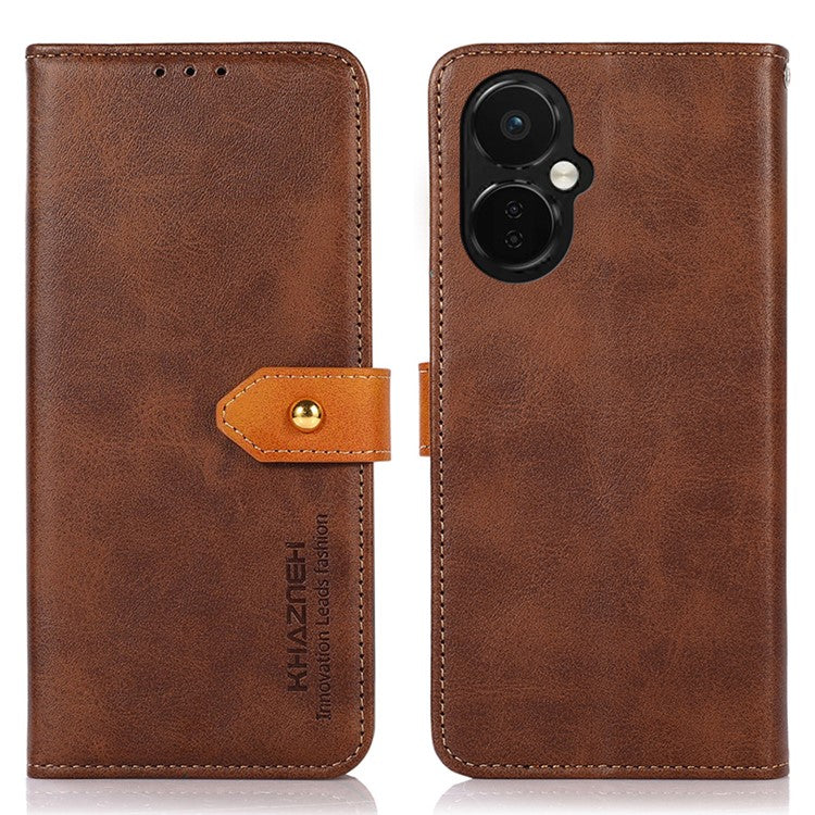 KHAZNEH For OnePlus Nord CE 3 Lite 5G / Nord N30 5G Cowhide Texture Cell Phone Case PU Leather Gold Buckle Stand Wallet Cover - Brown