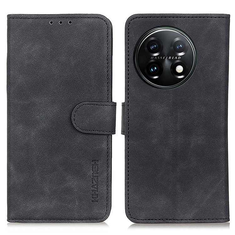 KHAZNEH For OnePlus 11 5G Leather Phone Case Retro Texture Anti-fall Phone Cover with Wallet Stand - Black