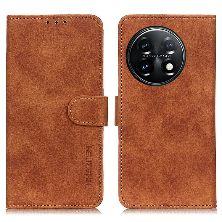 KHAZNEH For OnePlus 11 5G Leather Phone Case Retro Texture Anti-fall Phone Cover with Wallet Stand - Brown