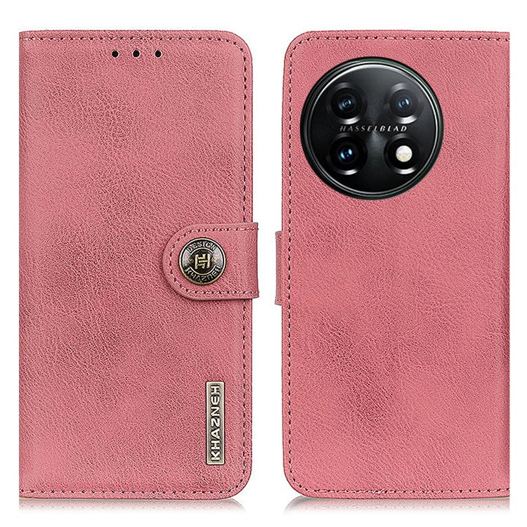 KHAZNEH Protective Phone Case for OnePlus 11 5G , Flip Leather Cowhide Texture Shockproof Phone Cover with Wallet Stand - Pink