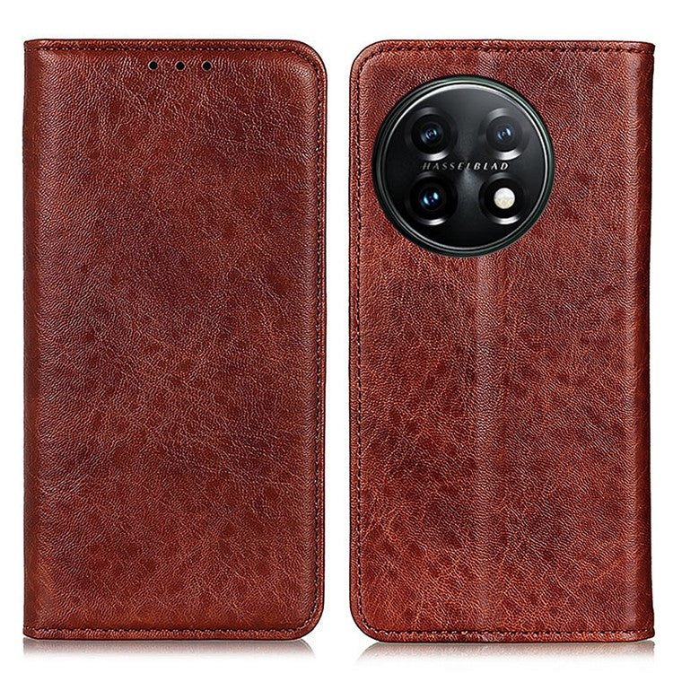 For OnePlus 11 5G Cell Phone Case Stand Crazy Horse Texture PU Leather Wallet Shockproof Phone Cover - Brown