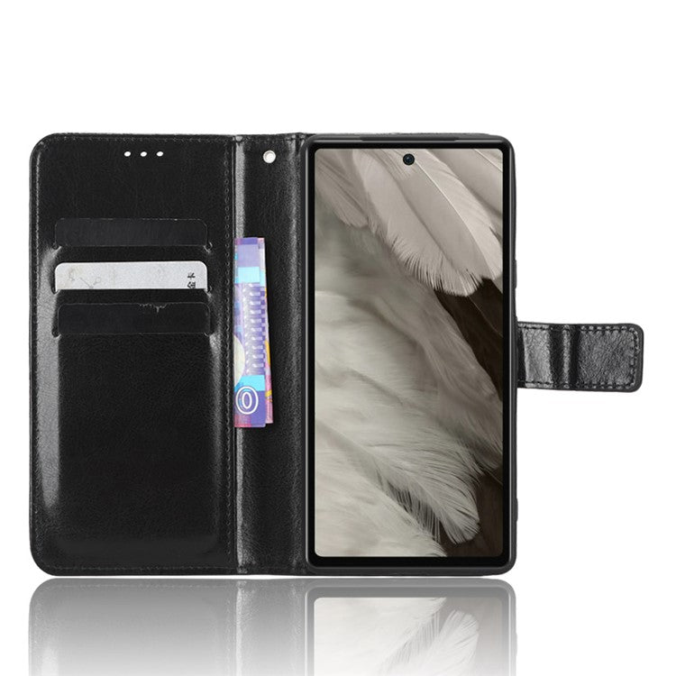 For Google Pixel 7a PU Leather Flip Phone Cover Crazy Horse Texture Wallet Phone Stand Case with Strap - Black