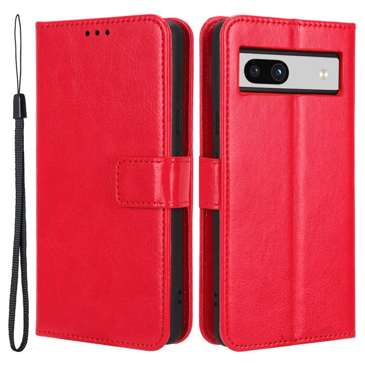 For Google Pixel 7a PU Leather Flip Phone Cover Crazy Horse Texture Wallet Phone Stand Case with Strap - Red