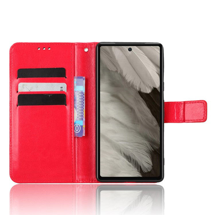 For Google Pixel 7a PU Leather Flip Phone Cover Crazy Horse Texture Wallet Phone Stand Case with Strap - Red