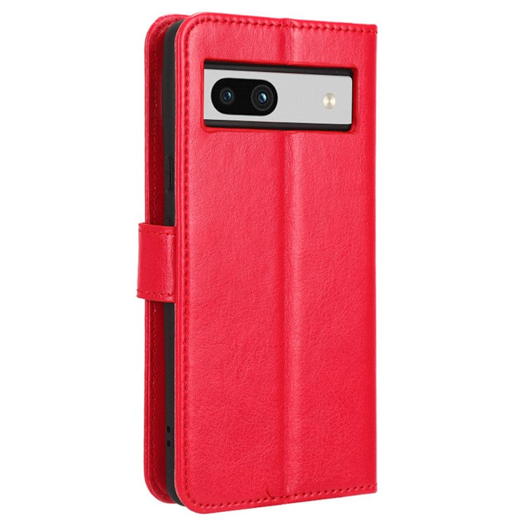 For Google Pixel 7a PU Leather Flip Phone Cover Crazy Horse Texture Wallet Phone Stand Case with Strap - Red
