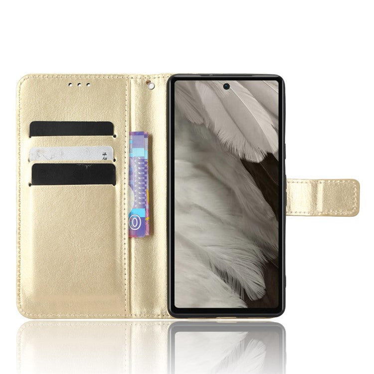 For Google Pixel 7a PU Leather Flip Phone Cover Crazy Horse Texture Wallet Phone Stand Case with Strap - Gold