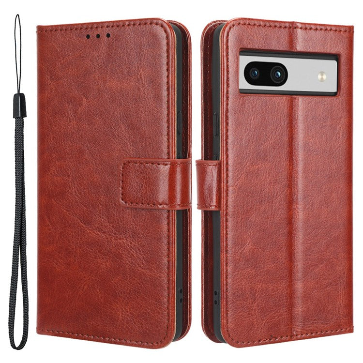 For Google Pixel 7a PU Leather Flip Phone Cover Crazy Horse Texture Wallet Phone Stand Case with Strap - Brown