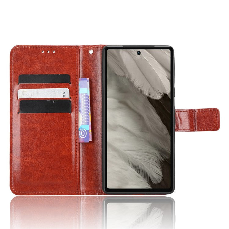 For Google Pixel 7a PU Leather Flip Phone Cover Crazy Horse Texture Wallet Phone Stand Case with Strap - Brown