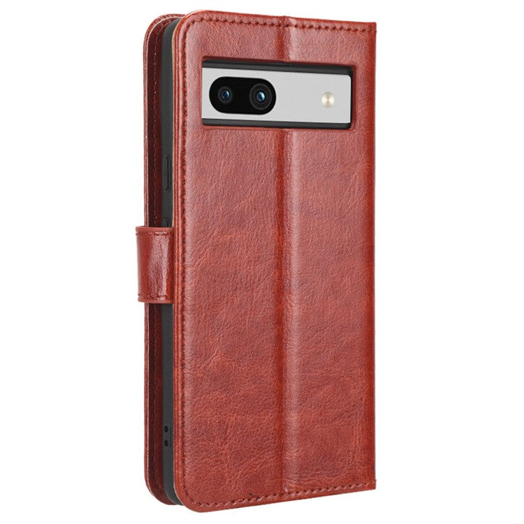 For Google Pixel 7a PU Leather Flip Phone Cover Crazy Horse Texture Wallet Phone Stand Case with Strap - Brown
