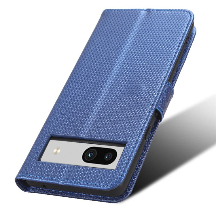 For Google Pixel 7a Mobile Phone Shell Wallet Stand Phone Case Diamond Texture PU Leather Phone Cover - Blue