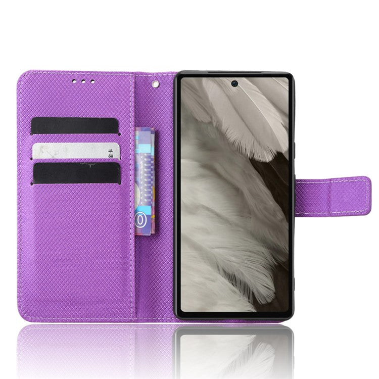 For Google Pixel 7a Mobile Phone Shell Wallet Stand Phone Case Diamond Texture PU Leather Phone Cover - Purple