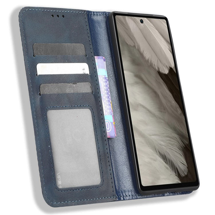 For Google Pixel 7a Supporting Stand Wallet Retro Texture Phone Case Drop-proof PU Leather Cellphone Cover - Blue