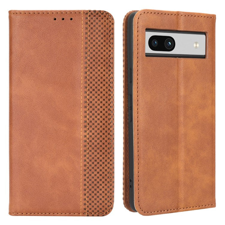 For Google Pixel 7a Supporting Stand Wallet Retro Texture Phone Case Drop-proof PU Leather Cellphone Cover - Brown