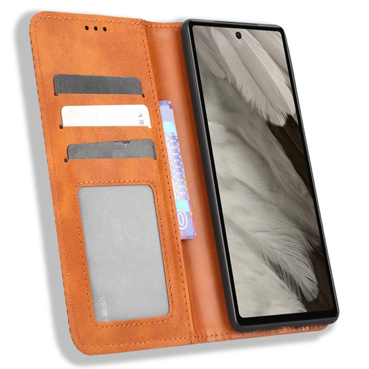 For Google Pixel 7a Supporting Stand Wallet Retro Texture Phone Case Drop-proof PU Leather Cellphone Cover - Brown
