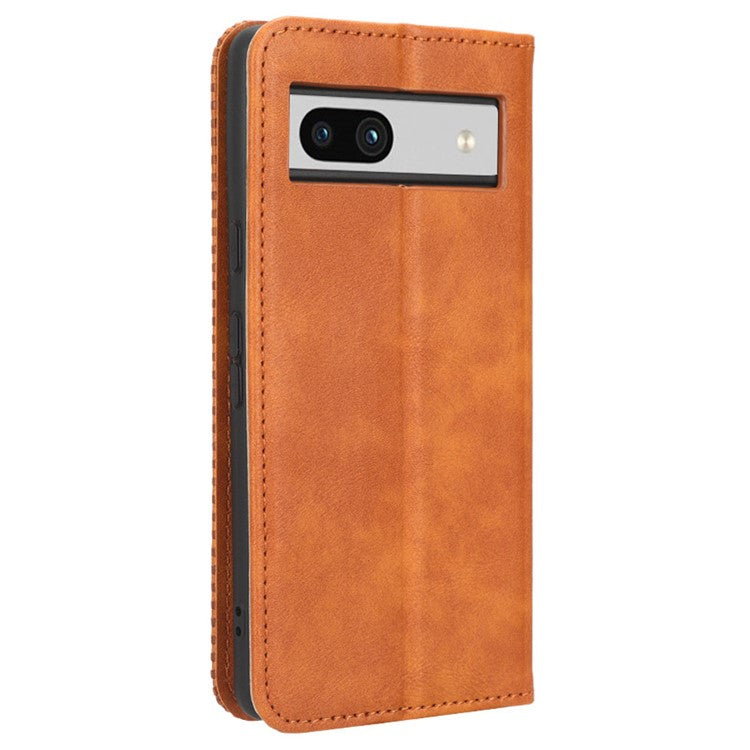 For Google Pixel 7a Supporting Stand Wallet Retro Texture Phone Case Drop-proof PU Leather Cellphone Cover - Brown