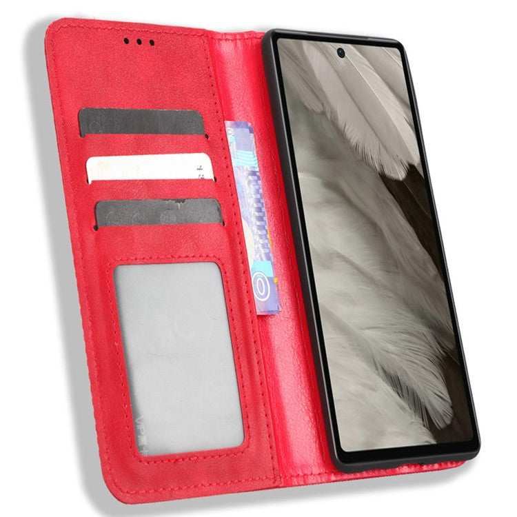 For Google Pixel 7a Supporting Stand Wallet Retro Texture Phone Case Drop-proof PU Leather Cellphone Cover - Red