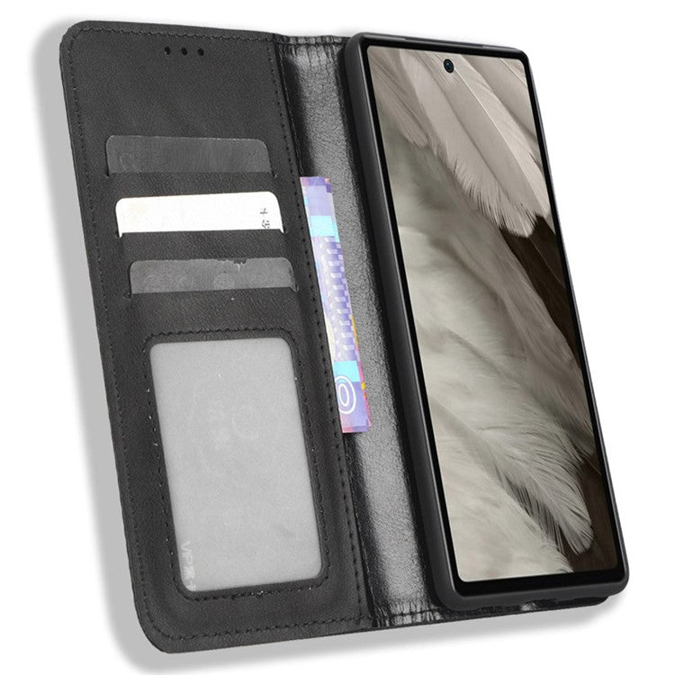 For Google Pixel 7a Supporting Stand Wallet Retro Texture Phone Case Drop-proof PU Leather Cellphone Cover - Black