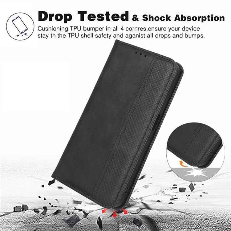 For Google Pixel 7a Supporting Stand Wallet Retro Texture Phone Case Drop-proof PU Leather Cellphone Cover - Black