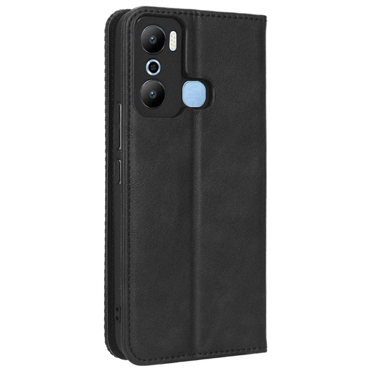 For Infinix Hot 20 Play 4G TPU+PU Leather Stand Wallet Phone Cover Retro Texture Anti-Scratch Phone Case - Black