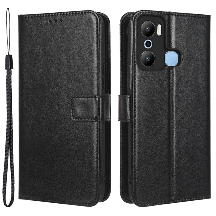 Crazy Horse Texture Phone Case for Infinix Hot 20 Play 4G Wallet Stand PU Leather Phone Cover with Strap - Black