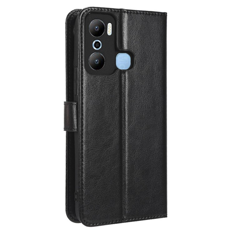 Crazy Horse Texture Phone Case for Infinix Hot 20 Play 4G Wallet Stand PU Leather Phone Cover with Strap - Black