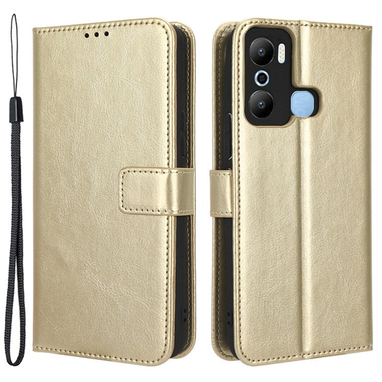 Crazy Horse Texture Phone Case for Infinix Hot 20 Play 4G Wallet Stand PU Leather Phone Cover with Strap - Gold