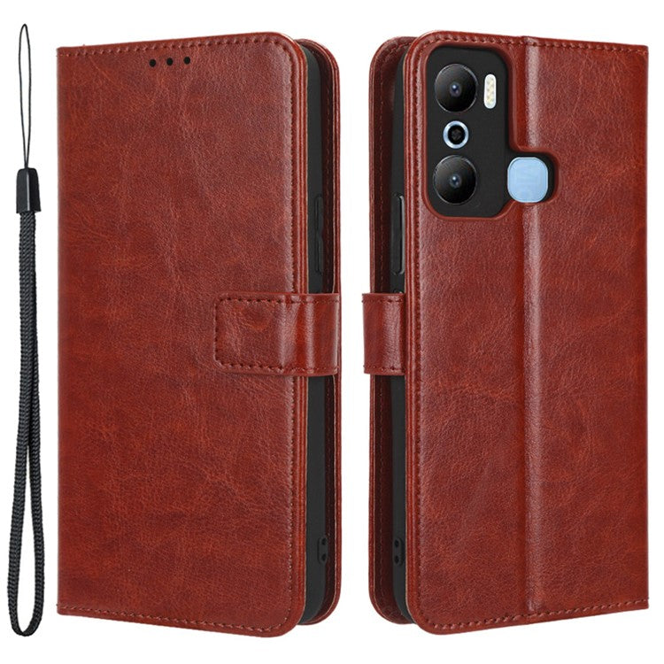 Crazy Horse Texture Phone Case for Infinix Hot 20 Play 4G Wallet Stand PU Leather Phone Cover with Strap - Brown