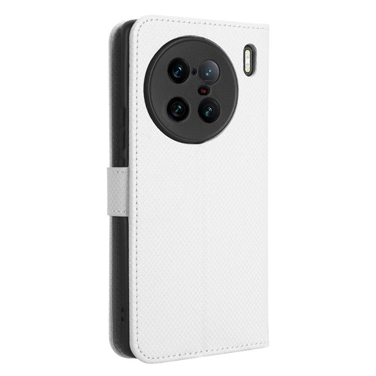For vivo X90 Pro+ 5G PU Leather Phone Case Diamond Texture Wallet Stand Cell Phone Cover - White